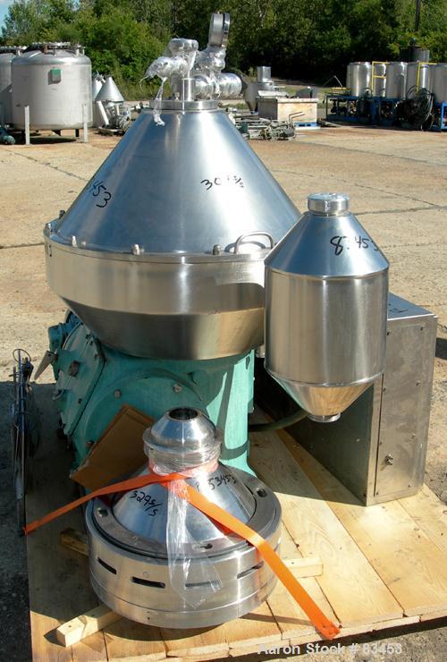Used Alfa Laval MRPX-410-TGD-74 Desludger Disc Centrifuge. 329 Stainless Steel Construction on Product Contact Areas. Concentrator design, light and heavy phase centripetal pumps, timed solids discha...
