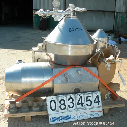 Used Alfa Laval MRPX-410-TGD-74 Desludger Disc Centrifuge. 329 Stainless Steel Construction on Product Contact Areas.Light and heavy phase centripetal pumps, timed solids discharge, stainless steel b...