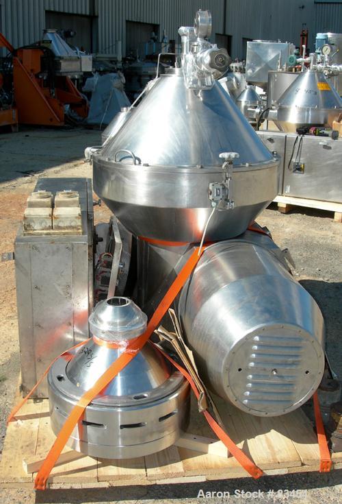 Used Alfa Laval MRPX-410-TGD-74 Desludger Disc Centrifuge. 329 Stainless Steel Construction on Product Contact Areas.Light and heavy phase centripetal pumps, timed solids discharge, stainless steel b...