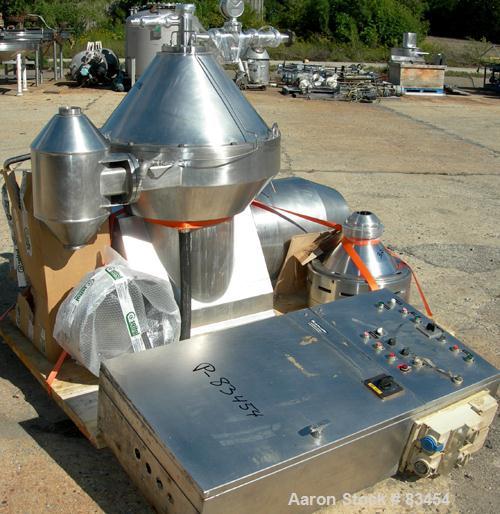 Used Alfa Laval MRPX-410-TGD-74 Desludger Disc Centrifuge. 329 Stainless Steel Construction on Product Contact Areas.Light and heavy phase centripetal pumps, timed solids discharge, stainless steel b...
