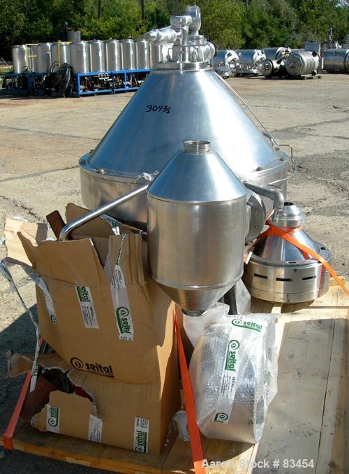 Used Alfa Laval MRPX-410-TGD-74 Desludger Disc Centrifuge. 329 Stainless Steel Construction on Product Contact Areas.Light and heavy phase centripetal pumps, timed solids discharge, stainless steel b...