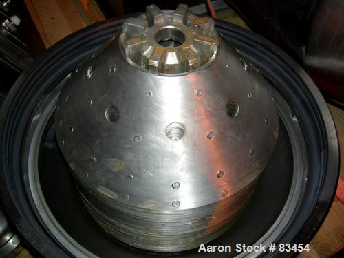 Used Alfa Laval MRPX-410-TGD-74 Desludger Disc Centrifuge. 329 Stainless Steel Construction on Product Contact Areas.Light and heavy phase centripetal pumps, timed solids discharge, stainless steel b...