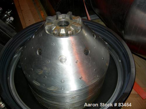 Used Alfa Laval MRPX-410-TGD-74 Desludger Disc Centrifuge. 329 Stainless Steel Construction on Product Contact Areas.Light and heavy phase centripetal pumps, timed solids discharge, stainless steel b...