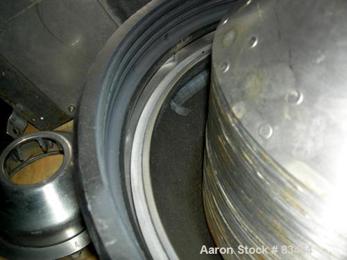 Used Alfa Laval MRPX-410-TGD-74 Desludger Disc Centrifuge. 329 Stainless Steel Construction on Product Contact Areas.Light and heavy phase centripetal pumps, timed solids discharge, stainless steel b...