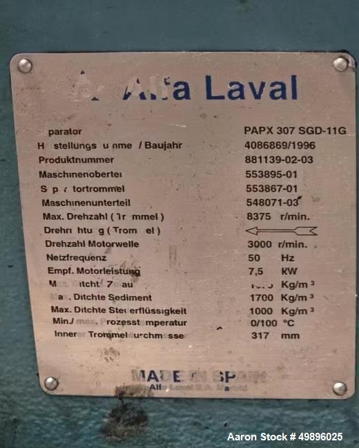 Used Alfa Laval PAPX 307 SGD-11G Disc Stack Centrifuge | 8,000 L/h | 11.25 HP Motor | Crude Palm Oil Purifier | Stainless Bowl |
