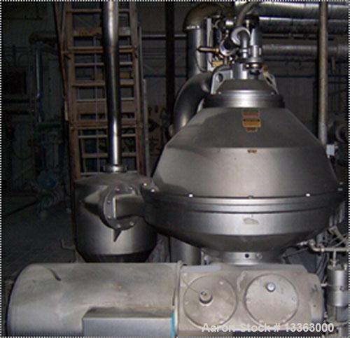 Used Alfa Laval PX-90 Desludging Disc Centrifuge, stainless steel construction (product contact areas), max bowl speed 4250 rpm, separator design, centripetal pump liquid discharge, approximately 30 ...
