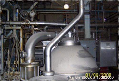 Used Alfa Laval PX-90 Desludging Disc Centrifuge, stainless steel construction (product contact areas), max bowl speed 4250 rpm, separator design, centripetal pump liquid discharge, approximately 30 ...