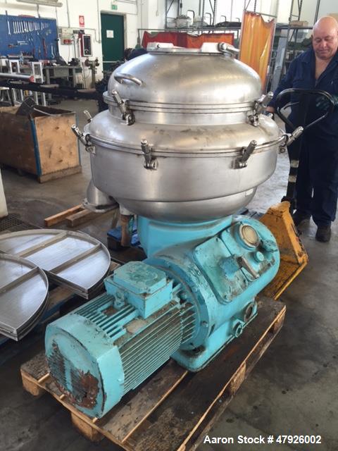 Used Alfa Laval SRPX 610-HGD-14-CGH-50 Desludger Disc Centrifuge. 316 Stainless steel construction (product contact areas), separator design liquid/liquid/solids, bottom feed design, flange drive mot...
