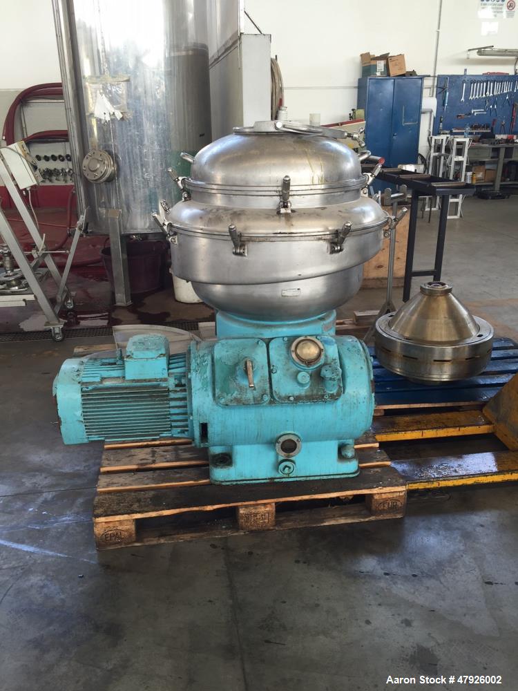 Used Alfa Laval SRPX 610-HGD-14-CGH-50 Desludger Disc Centrifuge. 316 Stainless steel construction (product contact areas), separator design liquid/liquid/solids, bottom feed design, flange drive mot...