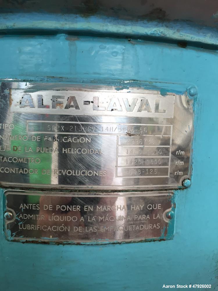 Used Alfa Laval SRPX 610-HGD-14-CGH-50 Desludger Disc Centrifuge. 316 Stainless steel construction (product contact areas), separator design liquid/liquid/solids, bottom feed design, flange drive mot...