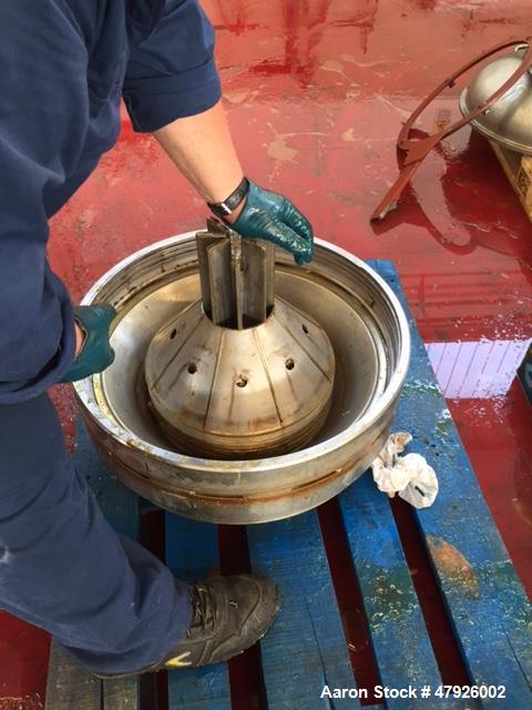 Used Alfa Laval SRPX 610-HGD-14-CGH-50 Desludger Disc Centrifuge. 316 Stainless steel construction (product contact areas), separator design liquid/liquid/solids, bottom feed design, flange drive mot...