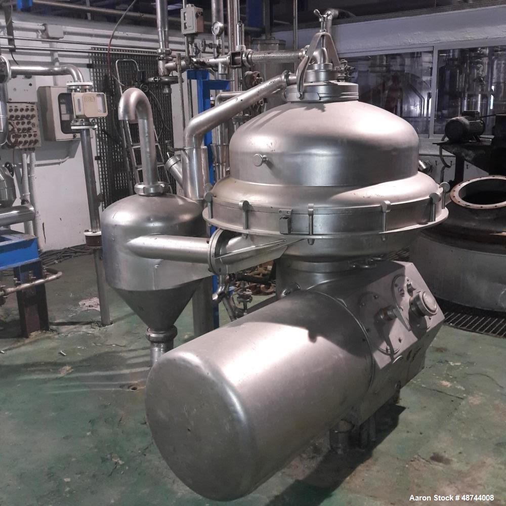 Used Alfa Laval SRPX-417 HGV-14CH Desludger Disc Centrifuge. 316 Stainless steel construction (product contact areas), separator design liquid/liquid/solids. Bottom feed design, flange drive motor, 1...
