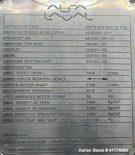 Used – Alfa Laval SWPX 810-SGV-34-CGL Desludger Disc Centrifuge – Stainless Steel, Food Grade
