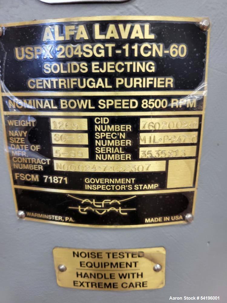 Used Alfa Laval Vertical Disc Stack Centrifuge – Model USPX 204SGT-11CN-60, 8500 RPM, 3 HP, Refurbished