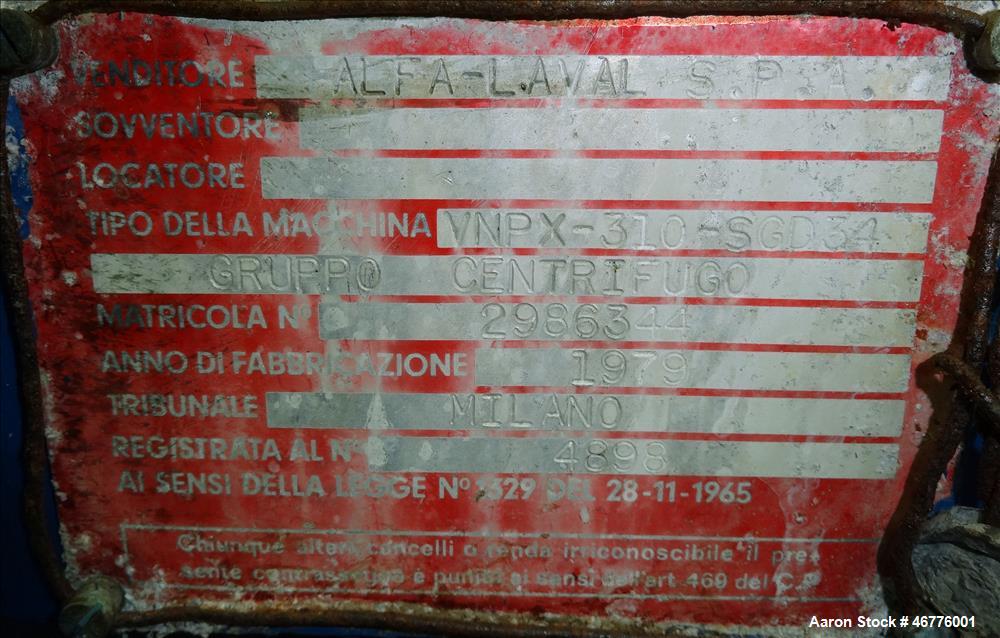 Used Alfa Laval Desludger Disc Centrifuge
