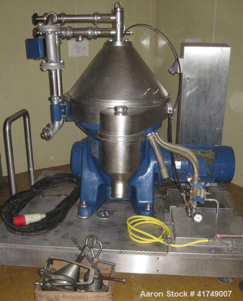 Used Alfa Laval VNPX-510-SGD-34 Desludger Disc Centrifuge, stainless steel construction (product contact areas).Clarifier design (liquid/solids separation), centripetal pump liquid discharge, direct ...