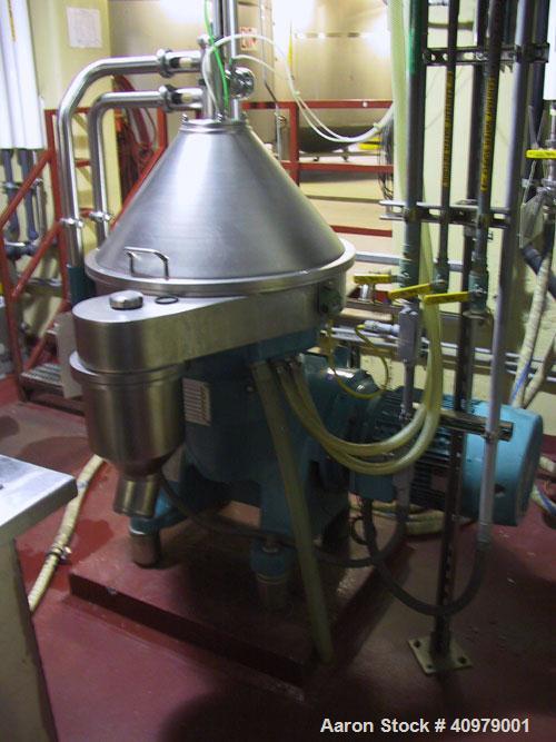 Used Alfa Laval VNPX-510 Desludger Disc Centrifuge. Stainless steel construction on product contact areas, clarifier design, centripetal pump liquid discharge, timed solids discharge, water harness, ...