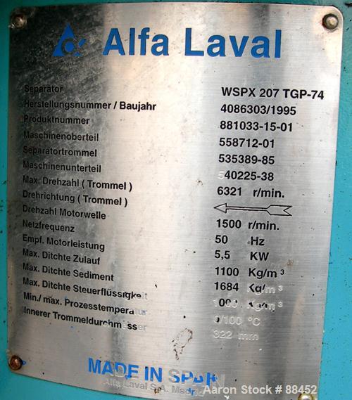 Used- Alfa Laval Desludger Disc Centrifuge. Model WSPX-207-TGP-74