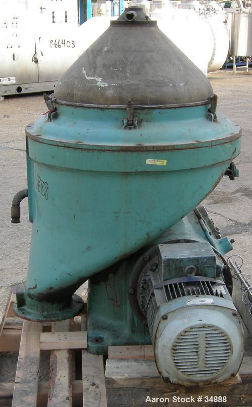 USED: Alfa-Laval WSPX-213-TGT-74G desludger centrifuge, 316 stainless steel. 3 phase separator, deep cover design. Driven by a 15 kw direct drive, 3/50/415 volt, 1450 rpm motor. Missing top piping. B...