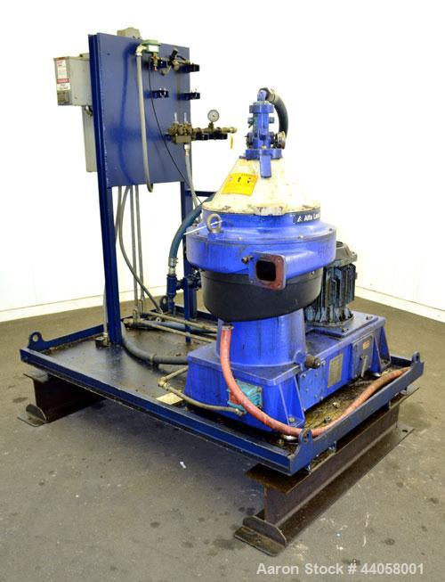 Used Alfa Laval WSPX 307 TGD-71G Desludger Disc Centrifuge. 2205 Stainless steel product contact areas. Separator design (liquid/liquid/solids separation). Maximum bowl speed 8400 rpm. Driven by a 7....
