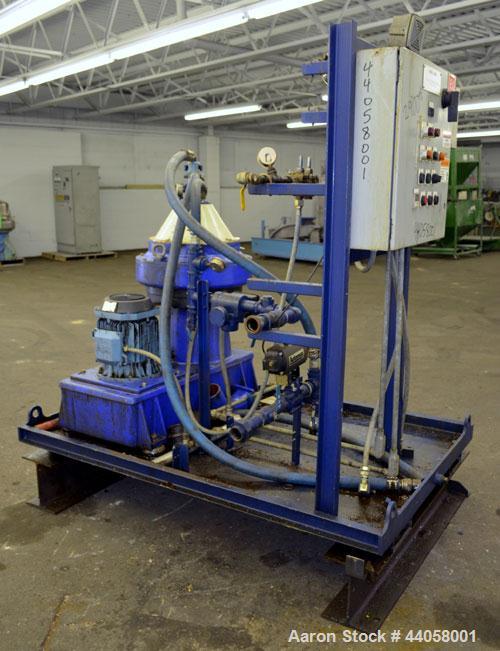 Used Alfa Laval WSPX 307 TGD-71G Desludger Disc Centrifuge. 2205 Stainless steel product contact areas. Separator design (liquid/liquid/solids separation). Maximum bowl speed 8400 rpm. Driven by a 7....