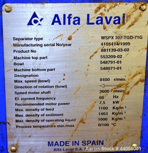 Used Alfa Laval WSPX 307 TGD-71G Desludger Disc Centrifuge. 2205 Stainless steel product contact areas. Separator design (liquid/liquid/solids separation). Maximum bowl speed 8400 rpm. Driven by a 7....