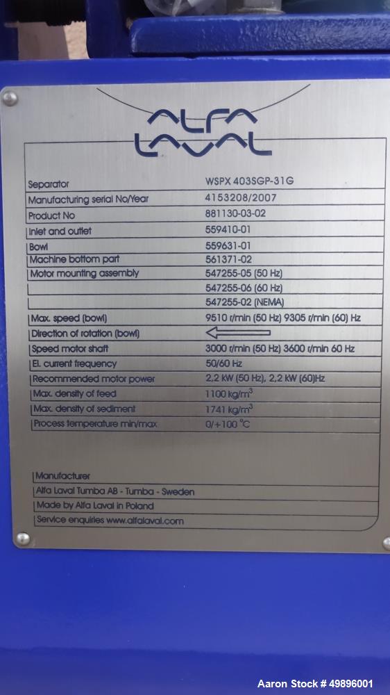 Used- Alfa Laval WSPX-403 SGP-31G Desludger Disc Centrifuge.