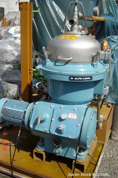 USED: Alfa Laval WSPX-207-TGP-74-50 desludger disc centrifuge. 316 stainless steel construction. Concentrator design. 1500 rpm by a 7.5 kw/11.25 hp, 500 volt/50 cycle/3 ph direct driven motor. Mounte...