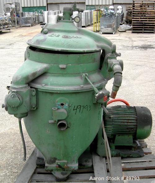 USED: Delaval MAPX-309-BGT-79-60 guardian purifier disc centrifuge. Stainless steel/bronze bowl assembly. Max bowl speed 6520 rpm. Concentrator design, hinged aluminum top cover, sight glass, shelf m...