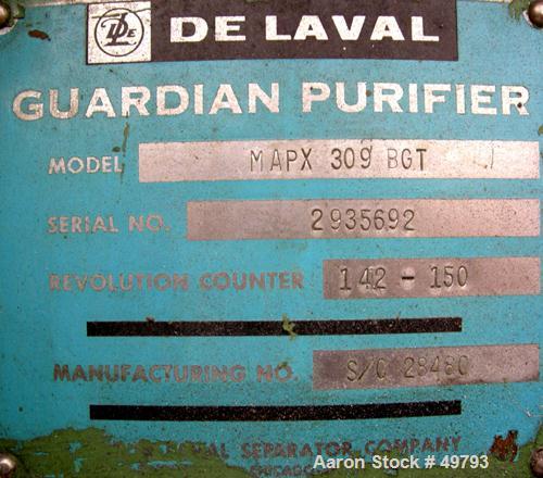USED: Delaval MAPX-309-BGT-79-60 guardian purifier disc centrifuge. Stainless steel/bronze bowl assembly. Max bowl speed 6520 rpm. Concentrator design, hinged aluminum top cover, sight glass, shelf m...