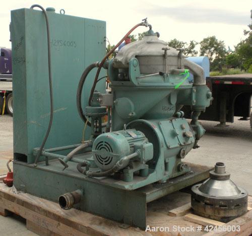 Used Delaval MAPX-309-BGT-29-60/4094-14 Guardian Purifier Disc Centrifuge, 316 Stainless Steel. Maximum bowl speed 1700-1800 rpm. Direct driven by a 15 hp motor. Skid mounted with control panel.