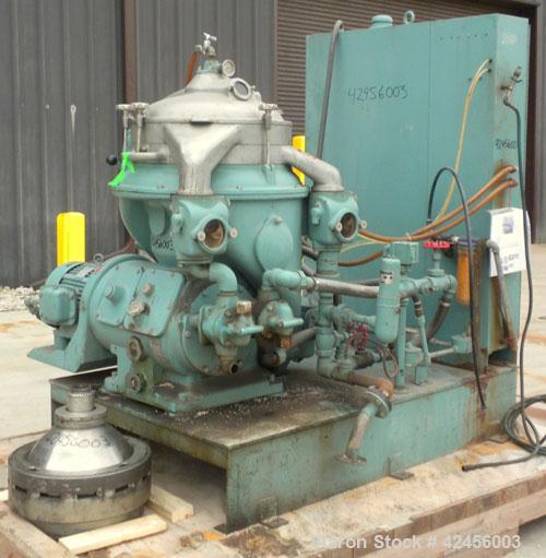 Used Delaval MAPX-309-BGT-29-60/4094-14 Guardian Purifier Disc Centrifuge, 316 Stainless Steel. Maximum bowl speed 1700-1800 rpm. Direct driven by a 15 hp motor. Skid mounted with control panel.