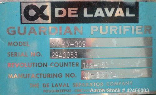 Used Delaval MAPX-309-BGT-29-60/4094-14 Guardian Purifier Disc Centrifuge, 316 Stainless Steel. Maximum bowl speed 1700-1800 rpm. Direct driven by a 15 hp motor. Skid mounted with control panel.