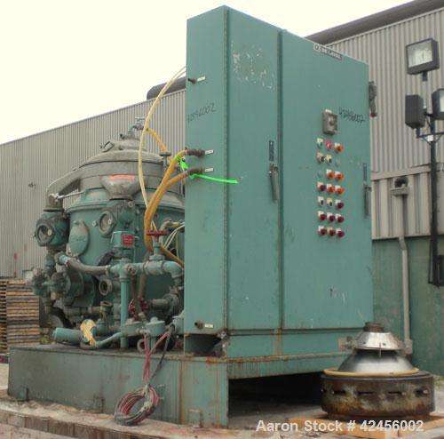 Used Delaval MAPX-309-BGT-29-60/4094-16 Guardian Purifier Disc Centrifuge, 316 Stainless Steel. Maximum bowl speed 1700-1800 rpm. Direct driven by a 15 hp motor. Skid mounted with control panel.