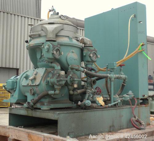 Used Delaval MAPX-309-BGT-29-60/4094-16 Guardian Purifier Disc Centrifuge, 316 Stainless Steel. Maximum bowl speed 1700-1800 rpm. Direct driven by a 15 hp motor. Skid mounted with control panel.