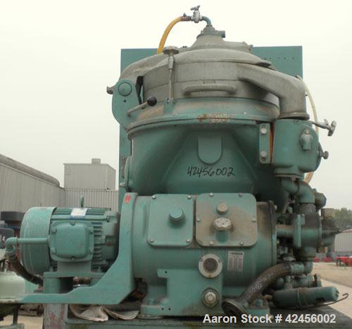 Used Delaval MAPX-309-BGT-29-60/4094-16 Guardian Purifier Disc Centrifuge, 316 Stainless Steel. Maximum bowl speed 1700-1800 rpm. Direct driven by a 15 hp motor. Skid mounted with control panel.