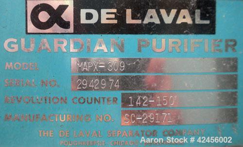 Used Delaval MAPX-309-BGT-29-60/4094-16 Guardian Purifier Disc Centrifuge, 316 Stainless Steel. Maximum bowl speed 1700-1800 rpm. Direct driven by a 15 hp motor. Skid mounted with control panel.