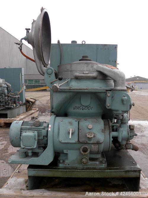 Used Delaval MAPX-309-BGT-29-60/4094-26 Guardian Purifier Disc Centrifuge, 316 Stainless Steel. Maximum bowl speed 1700-1800 rpm. Direct driven by a 15 hp motor. Skid mounted with control panel.