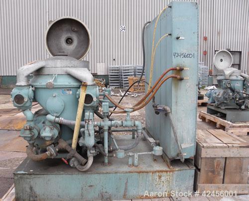 Used Delaval MAPX-309-BGT-29-60/4094-26 Guardian Purifier Disc Centrifuge, 316 Stainless Steel. Maximum bowl speed 1700-1800 rpm. Direct driven by a 15 hp motor. Skid mounted with control panel.