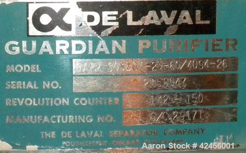 Used Delaval MAPX-309-BGT-29-60/4094-26 Guardian Purifier Disc Centrifuge, 316 Stainless Steel. Maximum bowl speed 1700-1800 rpm. Direct driven by a 15 hp motor. Skid mounted with control panel.