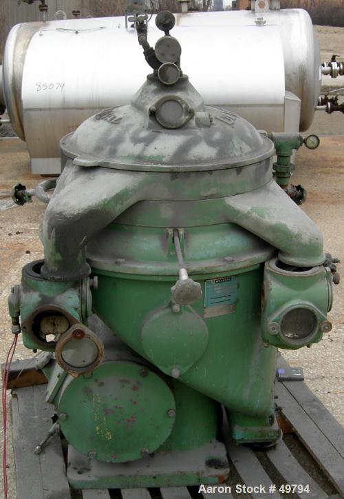 USED:Delaval MAPX-309-GT-70-60 guardian purifier disc centrifuge. Stainless steel/bronze bowl assembly. Max bowl speed 6520 rpm. Concentrator design, hinged aluminum top cover, sight glass, shelf mou...