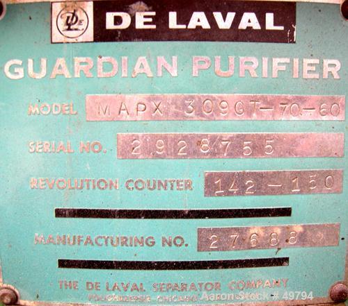 USED:Delaval MAPX-309-GT-70-60 guardian purifier disc centrifuge. Stainless steel/bronze bowl assembly. Max bowl speed 6520 rpm. Concentrator design, hinged aluminum top cover, sight glass, shelf mou...