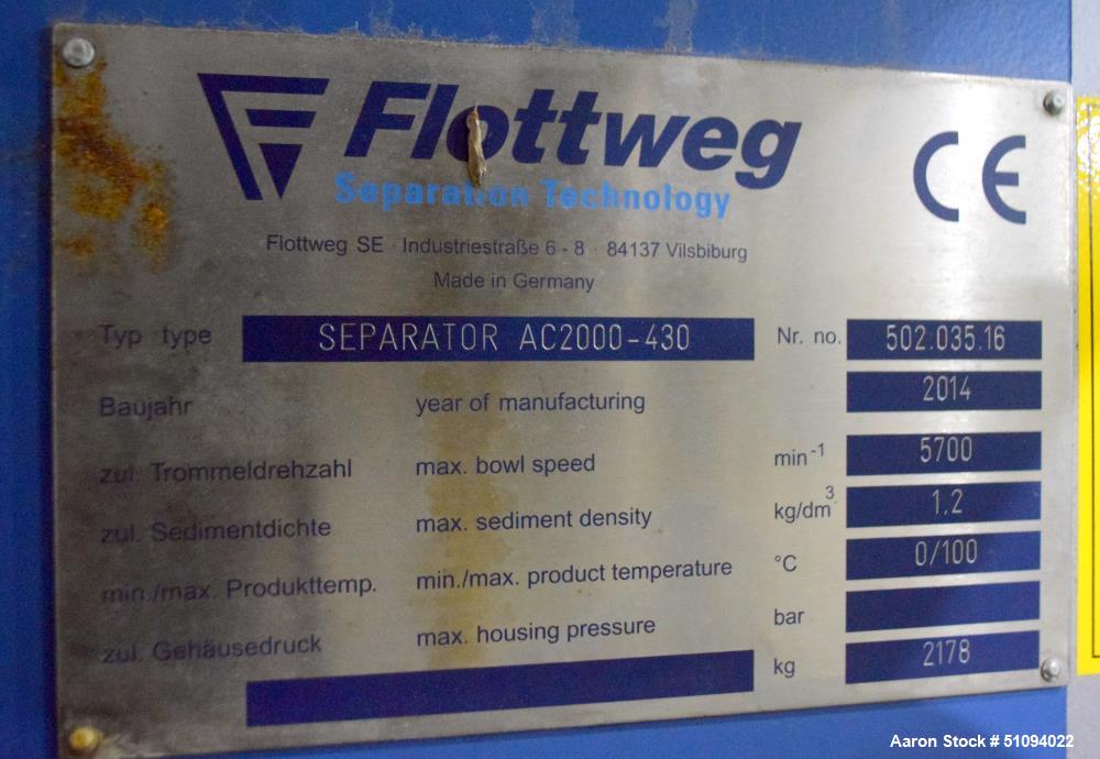 Used- Flottweg AC 2000-430 Desludger Disc Centrifuge