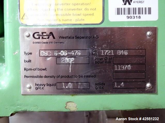 Used GEA Westfalia CSC-6-06-476 Desludger Disc Centrifuge w/C.I.P System, 316L stainless steel product contact surfaces, clarifier design, self cleaning bowl, 11970 max rpm bowl speed, 1.8 liter bowl...