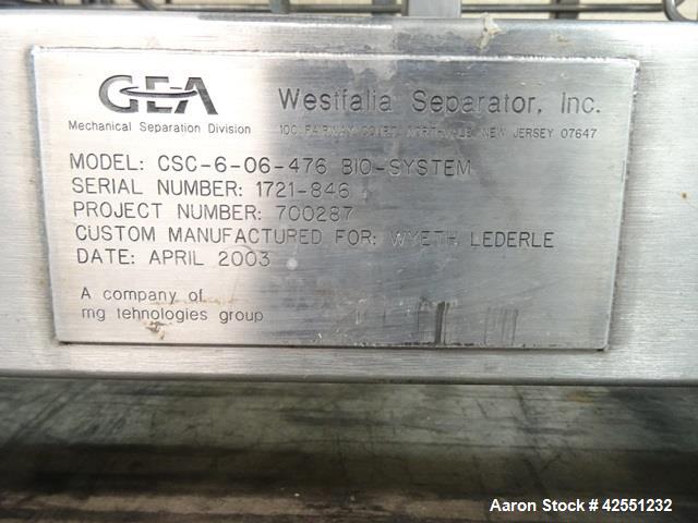 Used GEA Westfalia CSC-6-06-476 Desludger Disc Centrifuge w/C.I.P System, 316L stainless steel product contact surfaces, clarifier design, self cleaning bowl, 11970 max rpm bowl speed, 1.8 liter bowl...