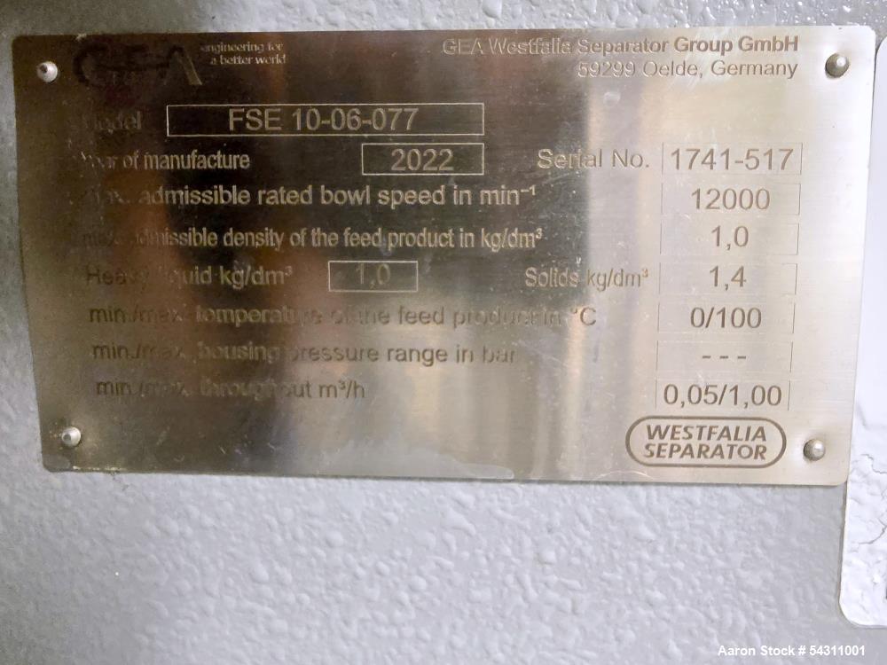 Used GEA Westfalia Disc Centrifuge FSE 10-06-077 for Sale – Stainless Steel, 12,000 RPM