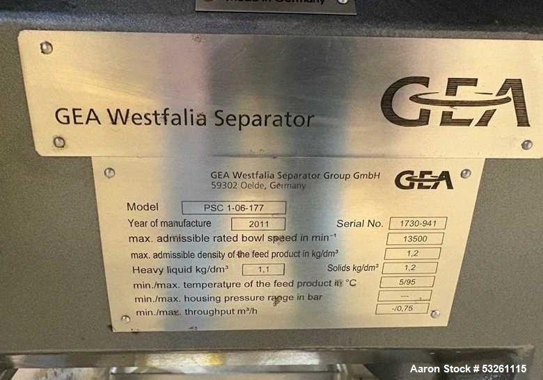 Used GEA Westfalia FTC 1-06-107 Stainless Steel Separator Centrifuge – 0.75 m³/HR – 13,500 RPM