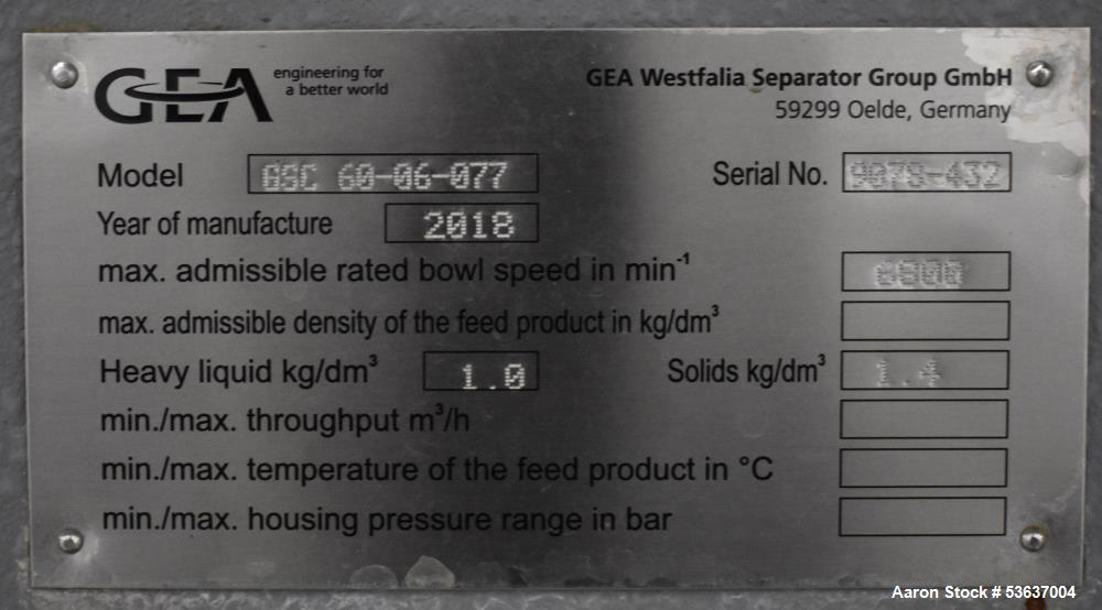 Used GEA Westfalia GSC-60-06-077 Centrifuge – 150 BBL/Hour, Rebuilt 2021 - HB1 Separation separation system