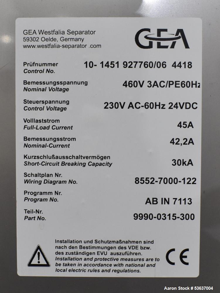 Used GEA Westfalia GSC-60-06-077 Centrifuge – 150 BBL/Hour, Rebuilt 2021 - HB1 Separation separation system