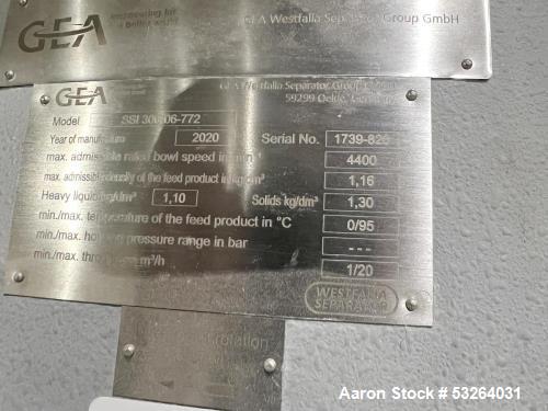 Used GEA Westfalia Disc Stack Centrifuge, Model SSI-300-06-772 (2020)